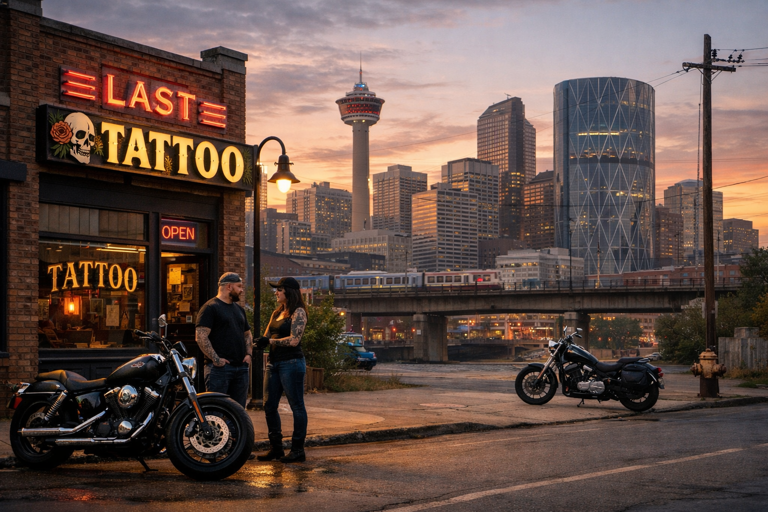 Last Tattoo shop at sunset with Calgary skyline